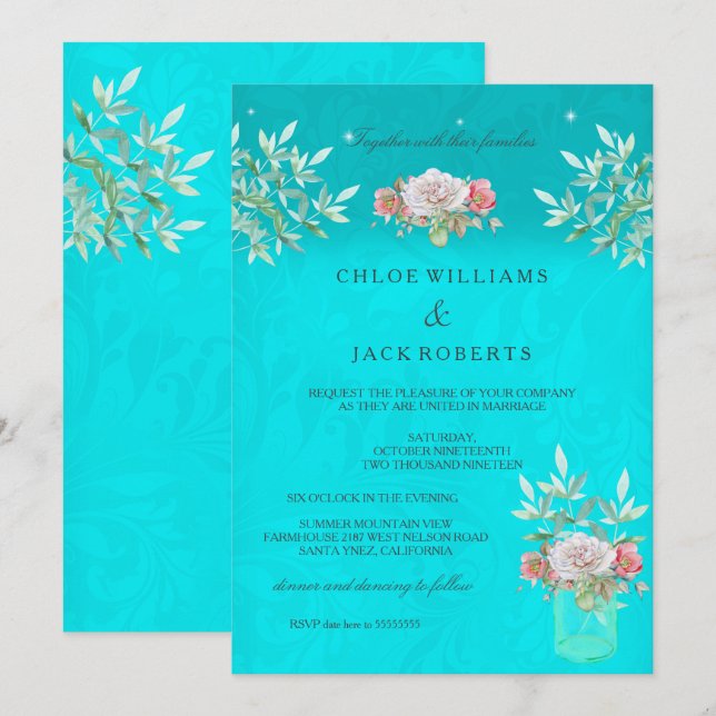 Convites Casamento Teal Floral Mason Jar Pink White Rose (Frente/Verso)