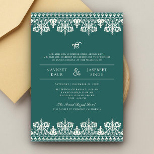 Convites Casamento Teal Ivory Damask Border Anand Karaj Sik