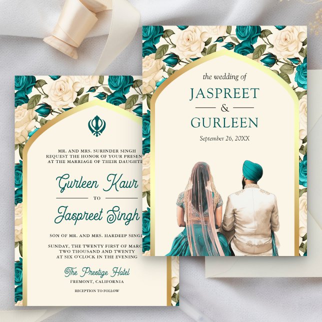 Convites Casamento Teal Ivory Floral Punjabi Anand Karaj Si (Criador carregado)