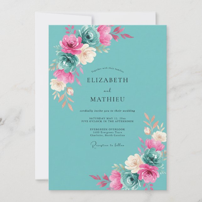 Convites Casamento Teal Magenta Ranunculus Eucalipto (Frente)