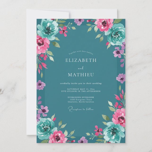 Convites Casamento Teal Magenta Ranunculus Sage (Frente)