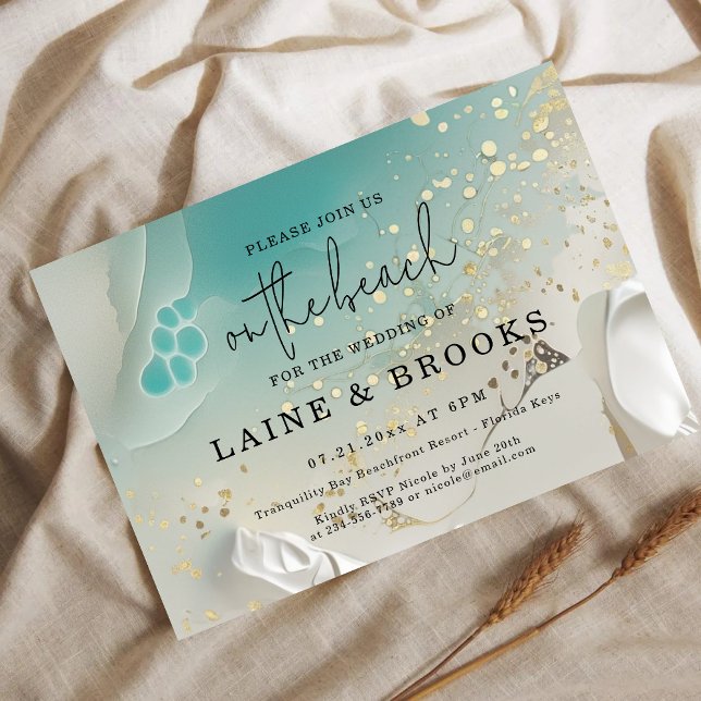Convites Casamento Teal Ocean Tide & Gold Ethereal Shorelin (Criador carregado)