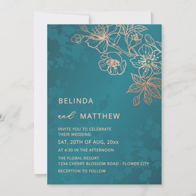 Convites Casamento Teal Rose Gold Foto (Frente)