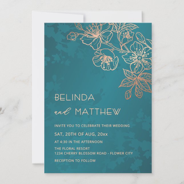 Convites Casamento Teal Rose Gold Foto (Frente)