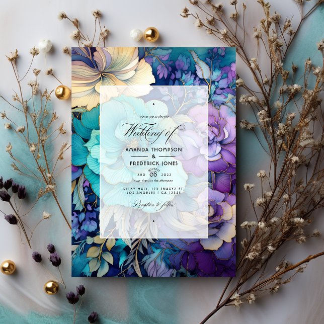 Convites Casamento Teal, Roxo e Dourado Floral (Criador carregado)
