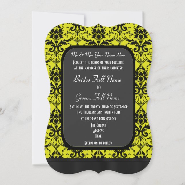 Convites Casamento tema damasco amarelo e preto (Frente)