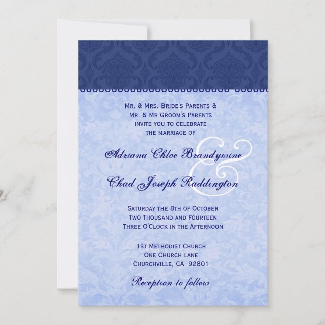 Convites Casamento tema damasco azul E576 (Frente)