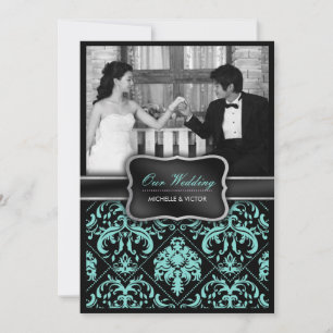 Convites Casamento tema damasco azul e preto Elegante Aqua