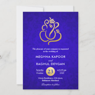 Convites Casamento tema damasco Azul Folha/Folha de Ouro da
