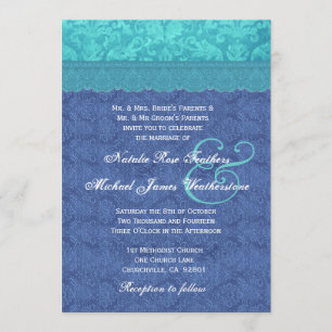 Convites Casamento tema damasco azul marinho e azul-aqua G5