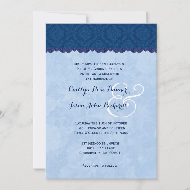 Convites Casamento tema damasco azul Marinho e azul bebê V0 (Frente)