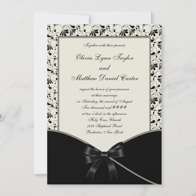 Convites Casamento tema damasco Black Ivory Cream (Frente)