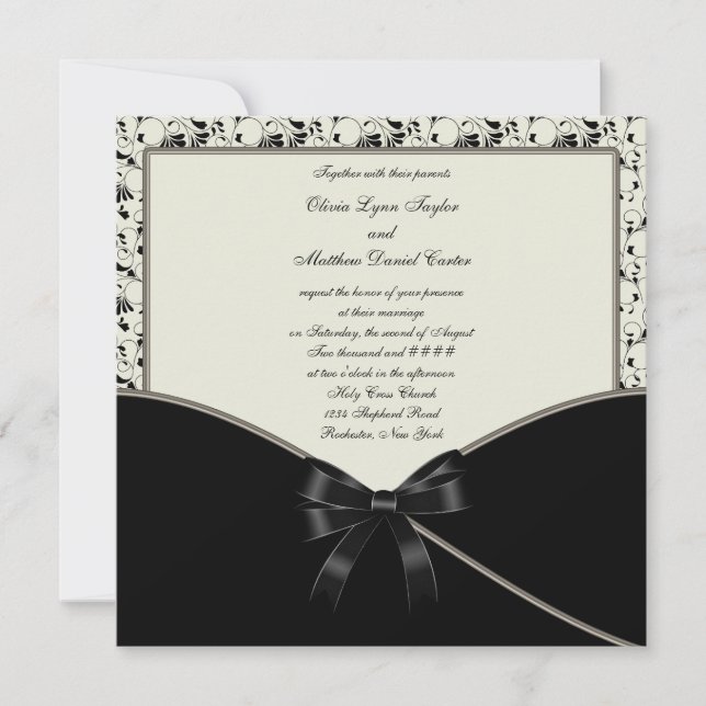 Convites Casamento tema damasco Black Ivory Cream (Frente)