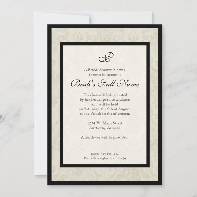 Convites Casamento tema damasco Black n Cream Fleur de Lis (Frente)