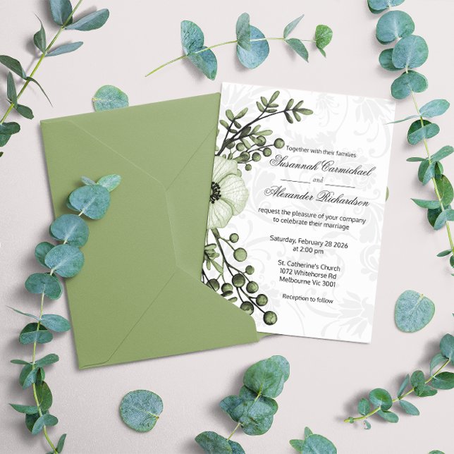 Convites Casamento tema damasco Boho Green Floral Berries (Criador carregado)