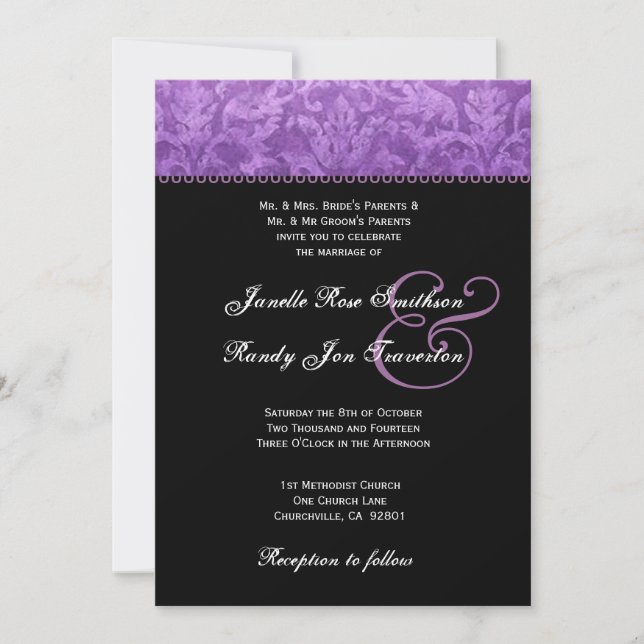 Convites Casamento tema damasco Branco Preto Roxo Ver 002 (Frente)
