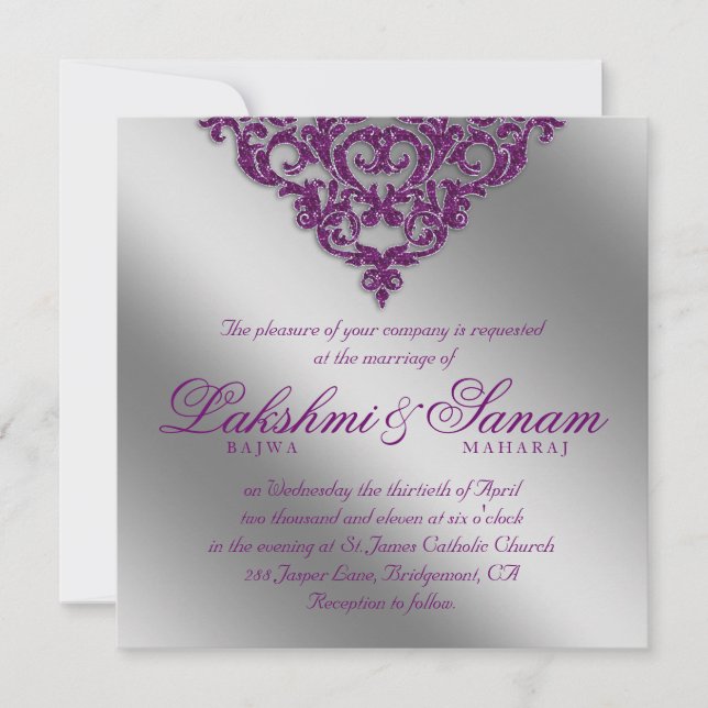 Convites Casamento tema damasco Convide Sparkle Silver Purp (Frente)