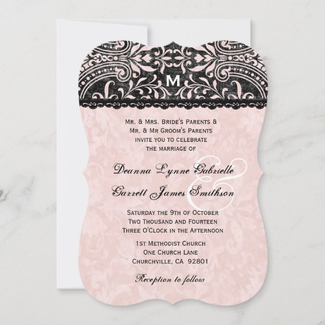 Convites Casamento tema damasco cor-de-rosa e preto A14 de (Frente)
