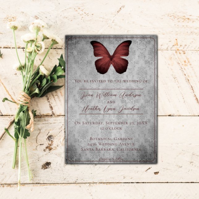 Convites Casamento tema damasco da Borboleta Vermelha Vinta (Red Vintage Butterfly Damask Wedding Invitation)