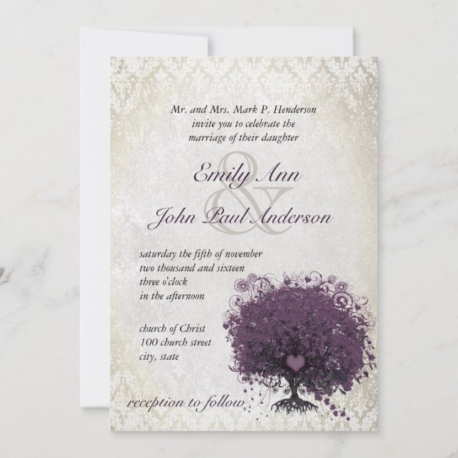 Convites Casamento tema damasco de árvore de ovulação com f (Verso)