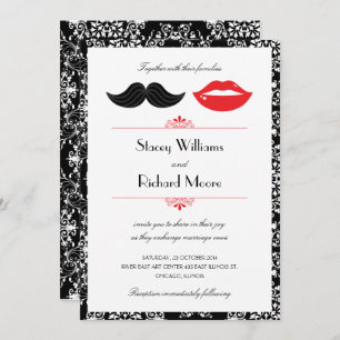 Convites Casamento tema damasco de bigode vermelho, preto e