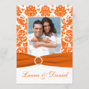 Convites Casamento tema damasco de cor laranja, branco, imp