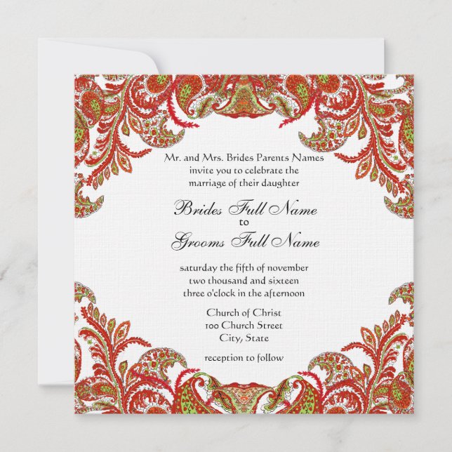 Convites Casamento tema damasco de Paisley vermelho, Limão  (Frente)