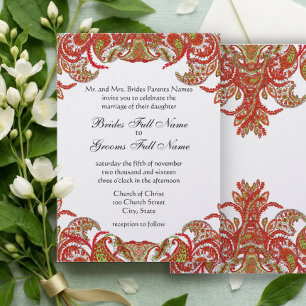 Convites Casamento tema damasco de Paisley vermelho, Limão