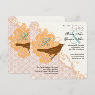 Convites Casamento tema damasco de pássaros, cor-de-rosa,