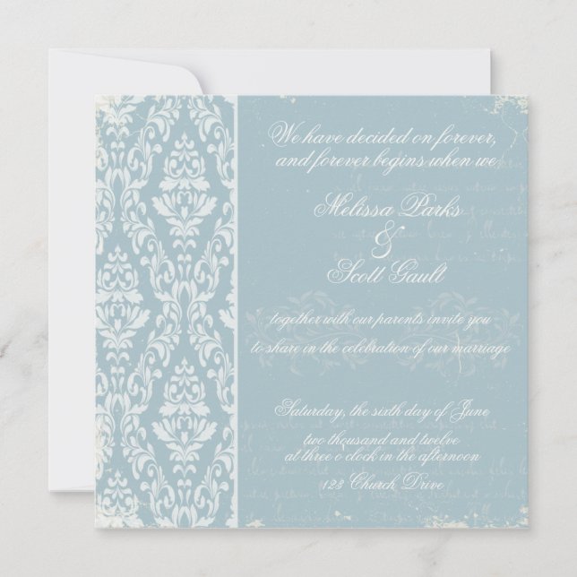 Convites casamento tema damasco de Vintage Azul (Frente)