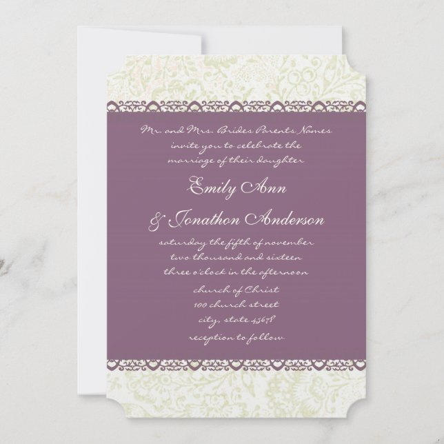 Convites Casamento tema damasco de Vintagem Roxo (Frente)