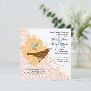Convites Casamento tema damasco Dourado Aqua Endive de Aves