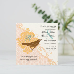 Convites Casamento tema damasco Dourado Aqua Endive de Aves