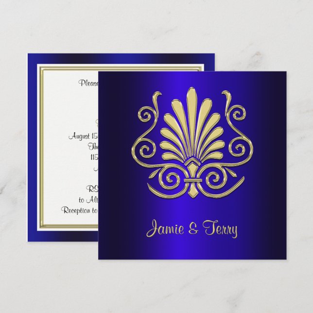 Convites Casamento tema damasco Dourado Blue Art Deco Convi (Frente/Verso)