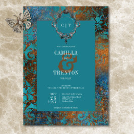 Convites Casamento tema damasco Dourado de Teal Antiquado G
