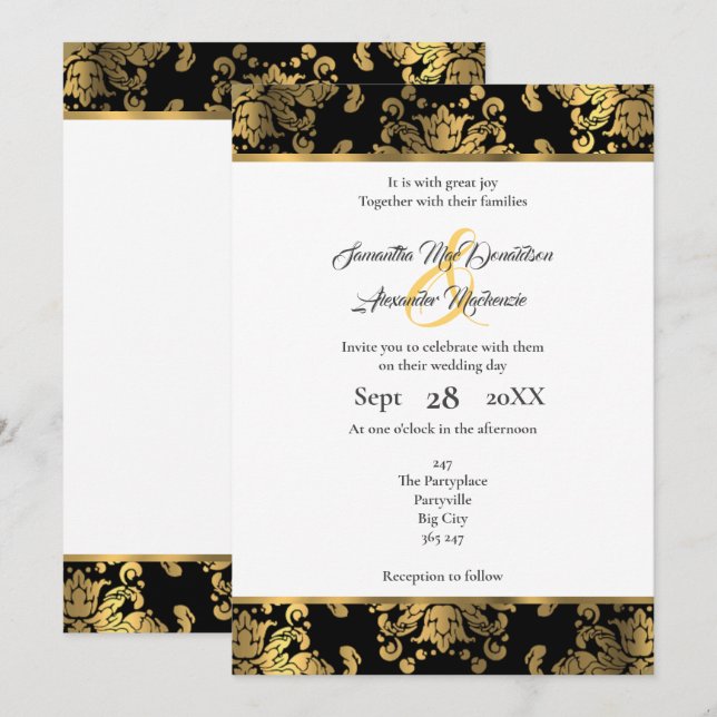 Convites casamento tema damasco Dourado e preto (Frente/Verso)