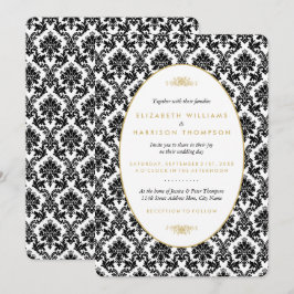 Convites Casamento tema damasco Dourado, Preto e Branco