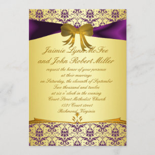 Convites Casamento tema damasco Dourado roxo formal