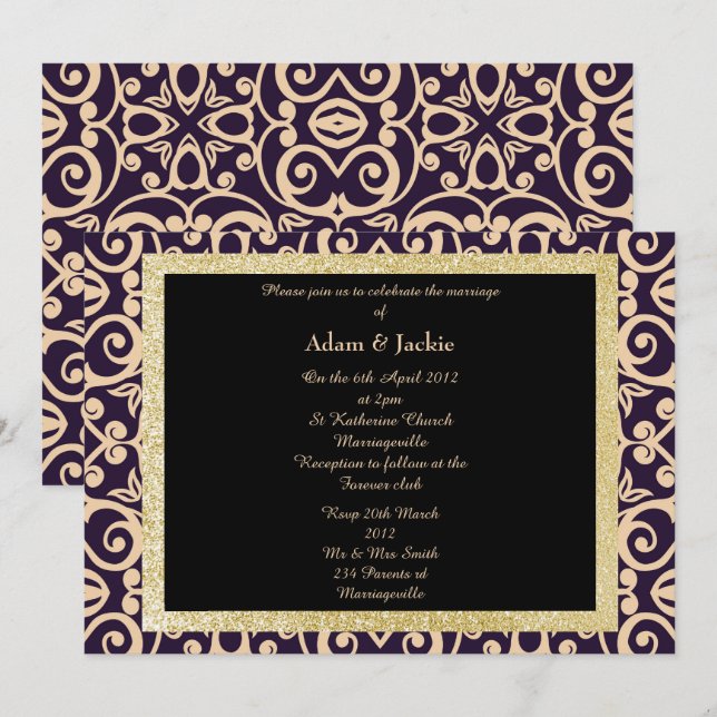 CONVITES CASAMENTO TEMA DAMASCO ELEGANTE (Frente/Verso)
