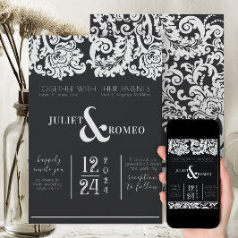 Convites Casamento tema damasco Floral Branco e Preto Moder