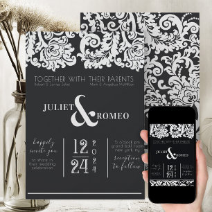 Convites Casamento tema damasco Floral Branco e Preto Moder