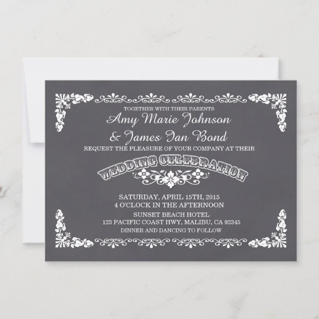 Convites Casamento tema damasco floral chalkboard convida d (Frente)