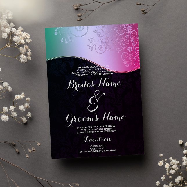 Convites Casamento tema damasco Floral de Gradação de Teto  (Black Pink Teal Gradient Floral Damask Wedding )