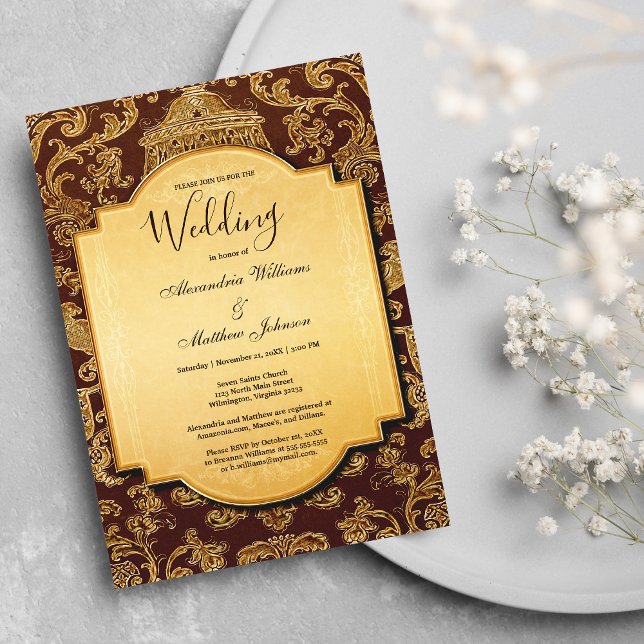 Convites Casamento tema damasco floral de ouro castanho Sha (Shabby vintage brown gold floral damask Wedding )