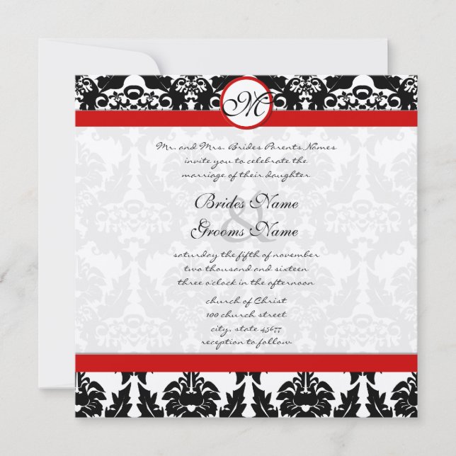 Convites Casamento tema damasco Floral de Vintage Preto e B (Frente)