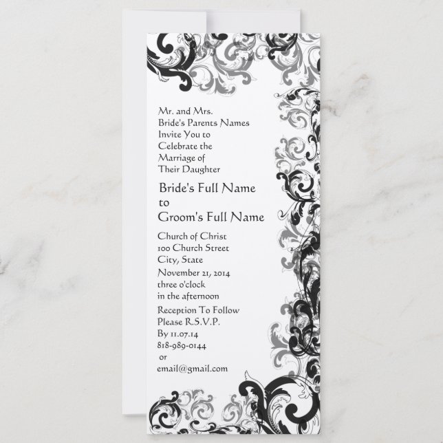 Convites Casamento tema damasco Floral de Vintage Preto e B (Frente)