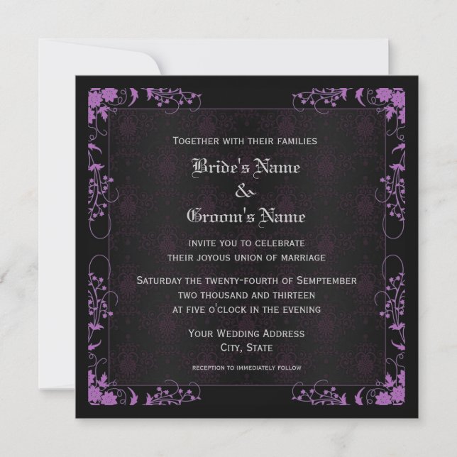 Convites Casamento tema damasco Floral Negro e Roxo Elegant (Frente)