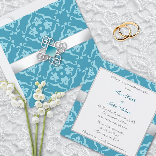 Convites Casamento tema damasco Floral Turquoise (Criador carregado)