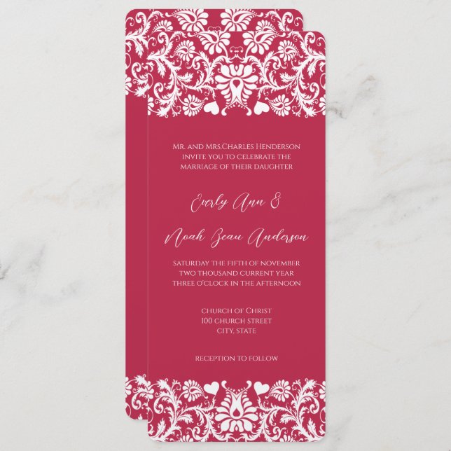 Convites Casamento tema damasco Floral Vitoriano Magenta Ro (Frente/Verso)
