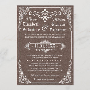 Convites Casamento tema damasco Gótico Brown Vitoriano Conv